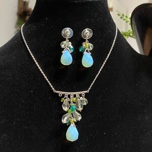 Opalite Teardrop Pendant Necklace and Earring Set - Silver